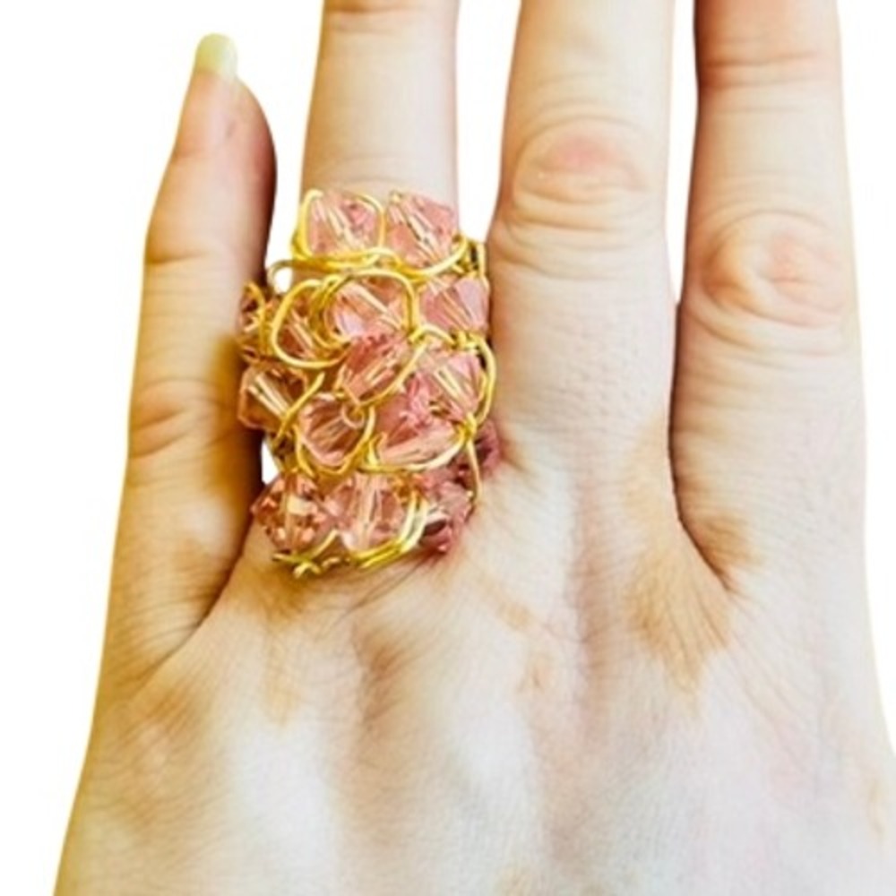 Brutalist Modernist Pink Crystal Cocktail Ring Statement Sz7.5 Wired VTG Gold